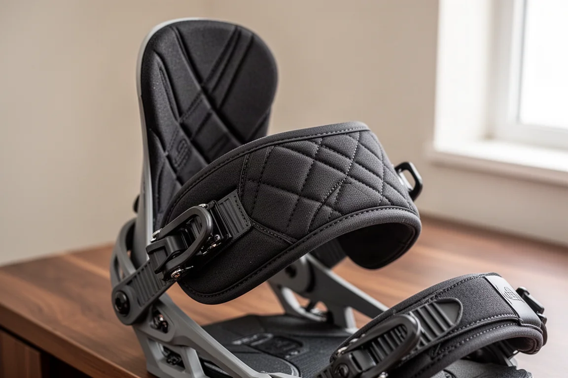 Close-up of a padded snowboard binding ankle strap