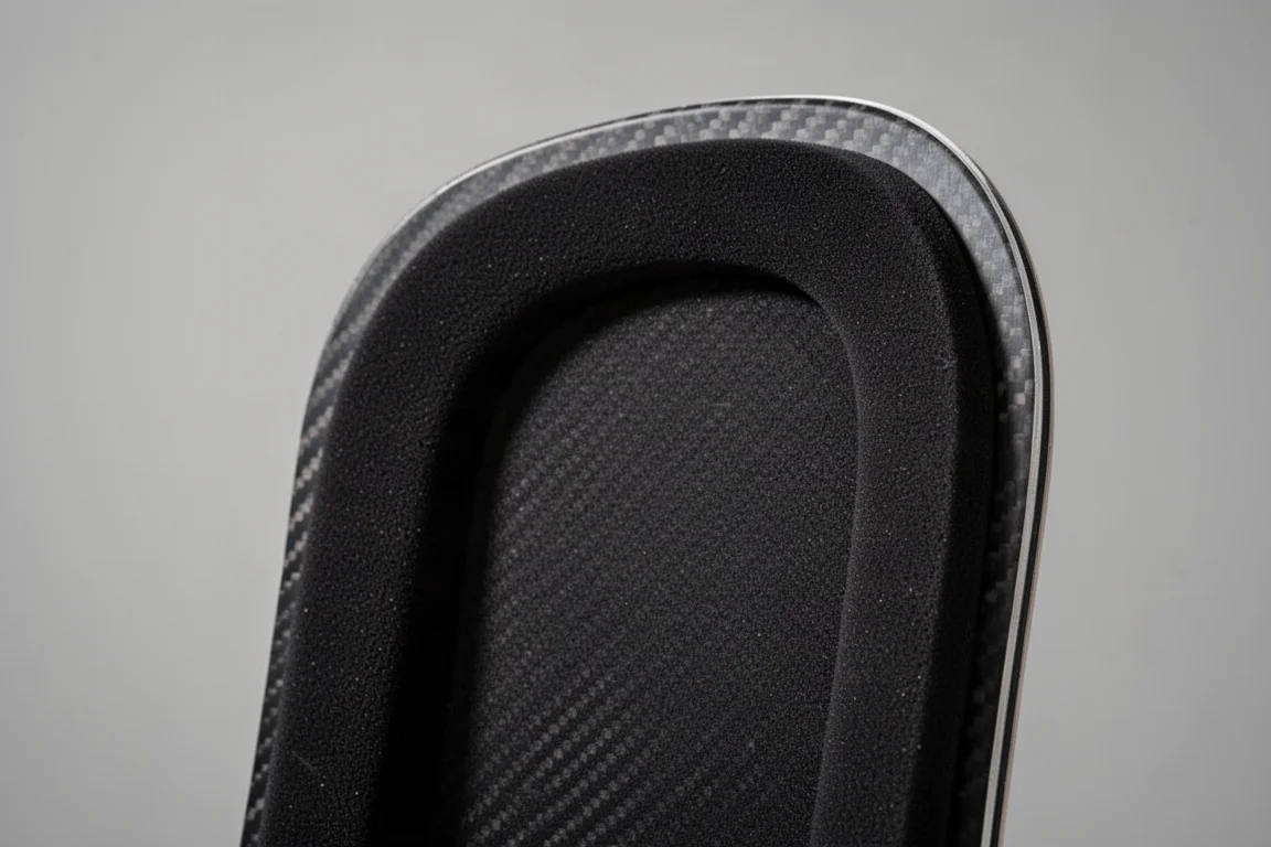 Carbon snowboard highback detail with foam padding