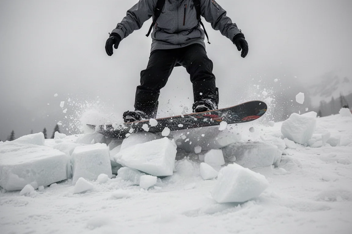 Snowboarder riding over chunky firm snow near the edge of a run