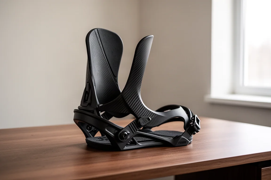 Närbild på en svart snowboardhighback som visar dess asymmetriska profil och karbonförstärkning