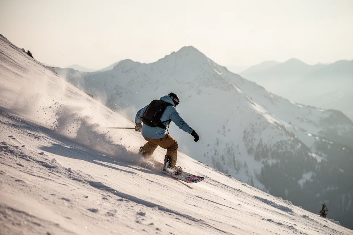 Snowboardåkare carvar i en brant hälkantsvändning med snö som sprutar
