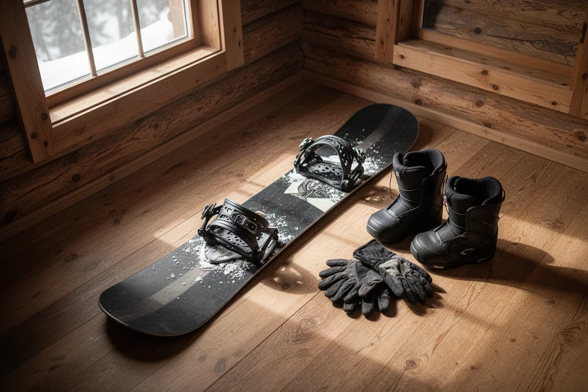 Snowboard och bindningar uppställda på en stugolplan inför en dag av åkande