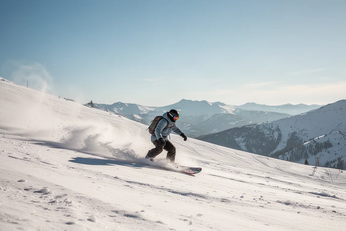 Snowboarder carvt bei Sonnenschein durch Tiefschnee an einem Berghang