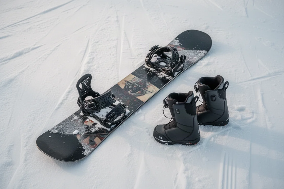 Snowboard und Bindungen liegen im Schnee neben Boots am Ende einer Piste
