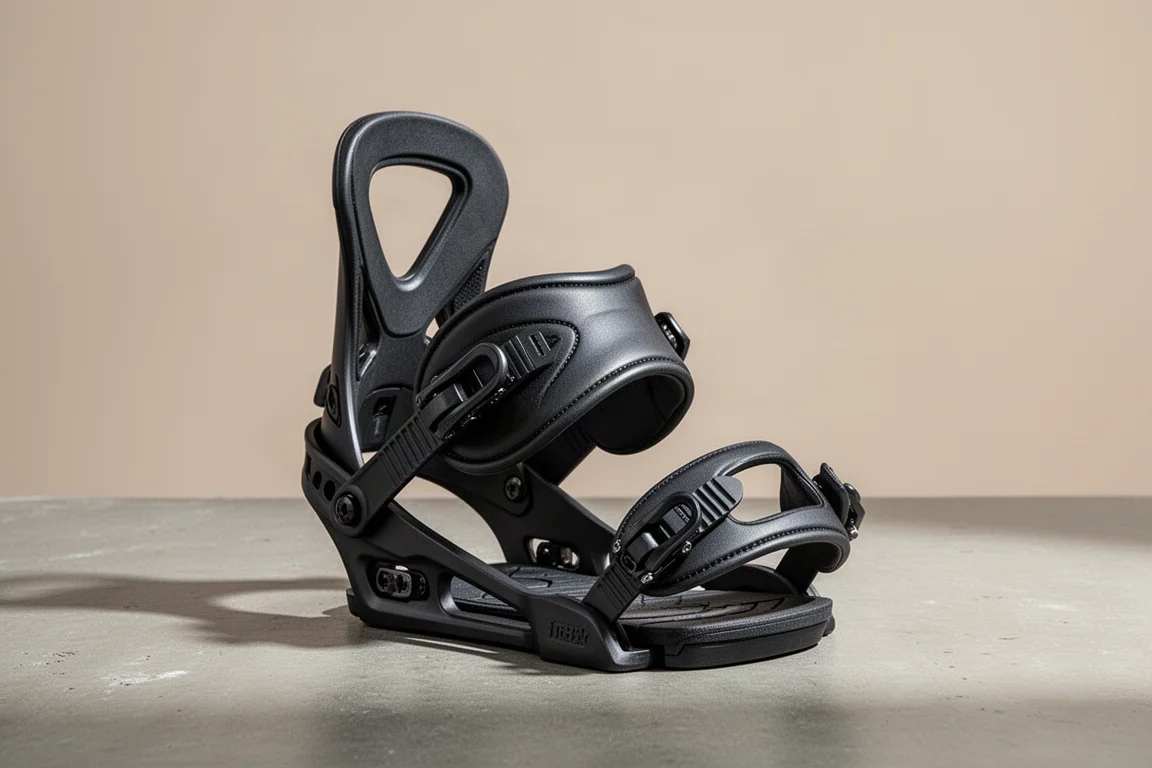 Fixation de snowboard Nitro Phantom Plus présentée de trois quarts sur une surface en béton