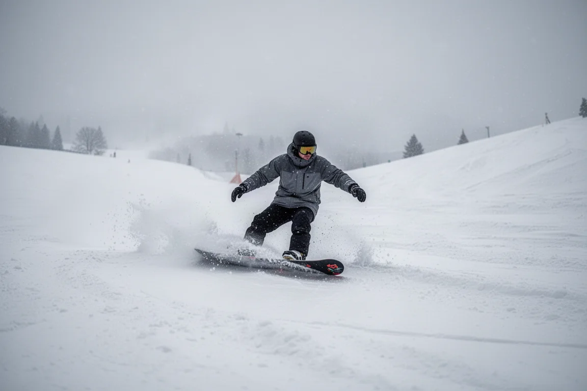 Snowboarder wykonujący łagodny skręt przez mokry wiosenny śnieg przy pochmurnym niebie