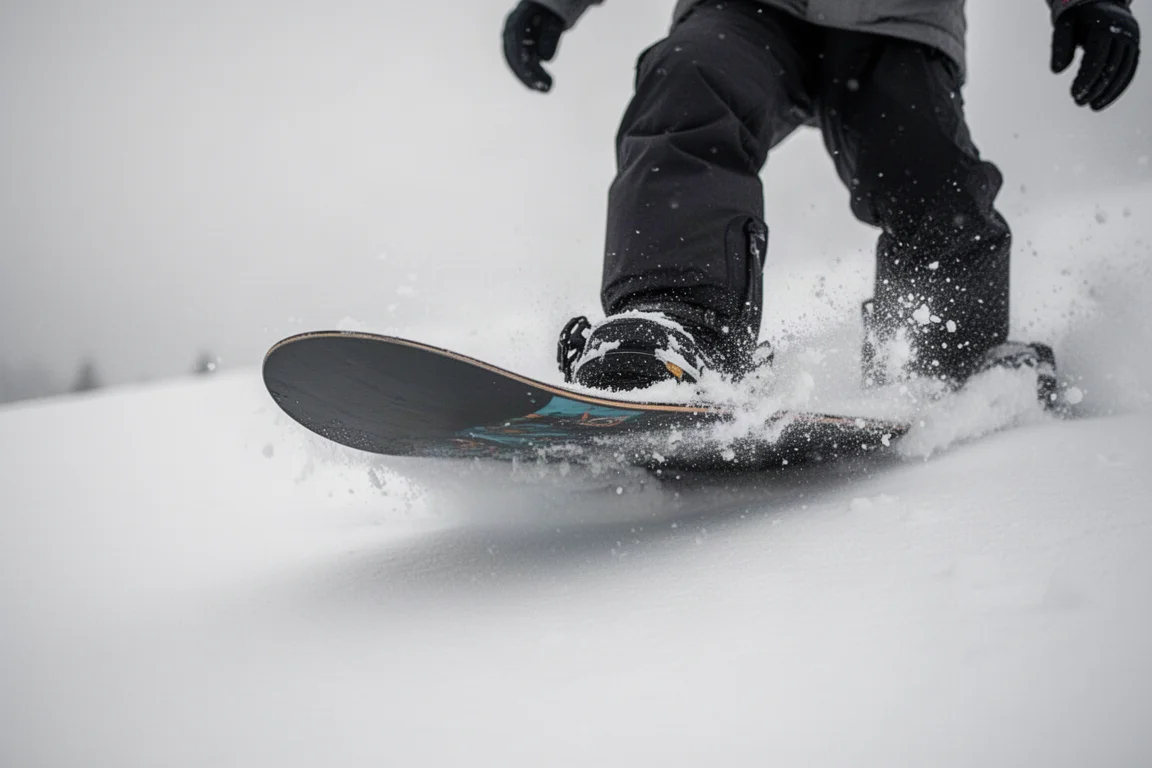 Tyl snowboardu dociśnięty do miękkiego śniegu podczas butter triku na łagodnym stoku