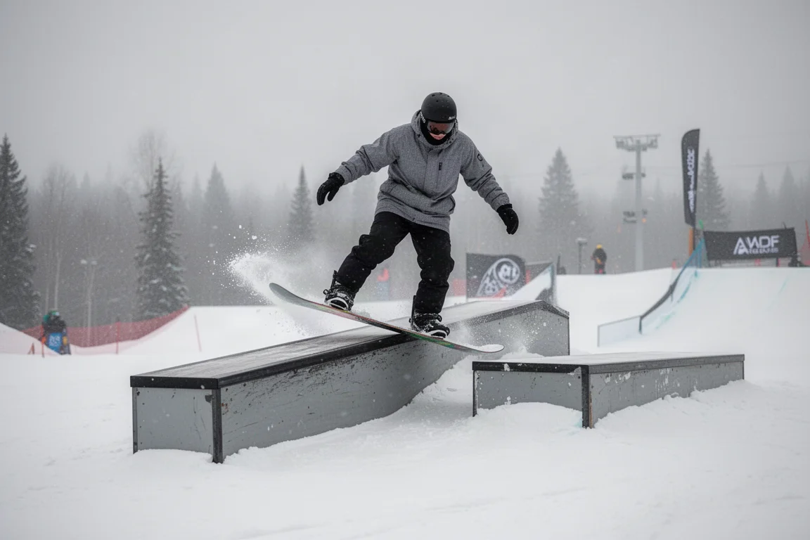 Snowboarder sunący po niskim parkowym elemencie na małym terenowym parku ośrodka