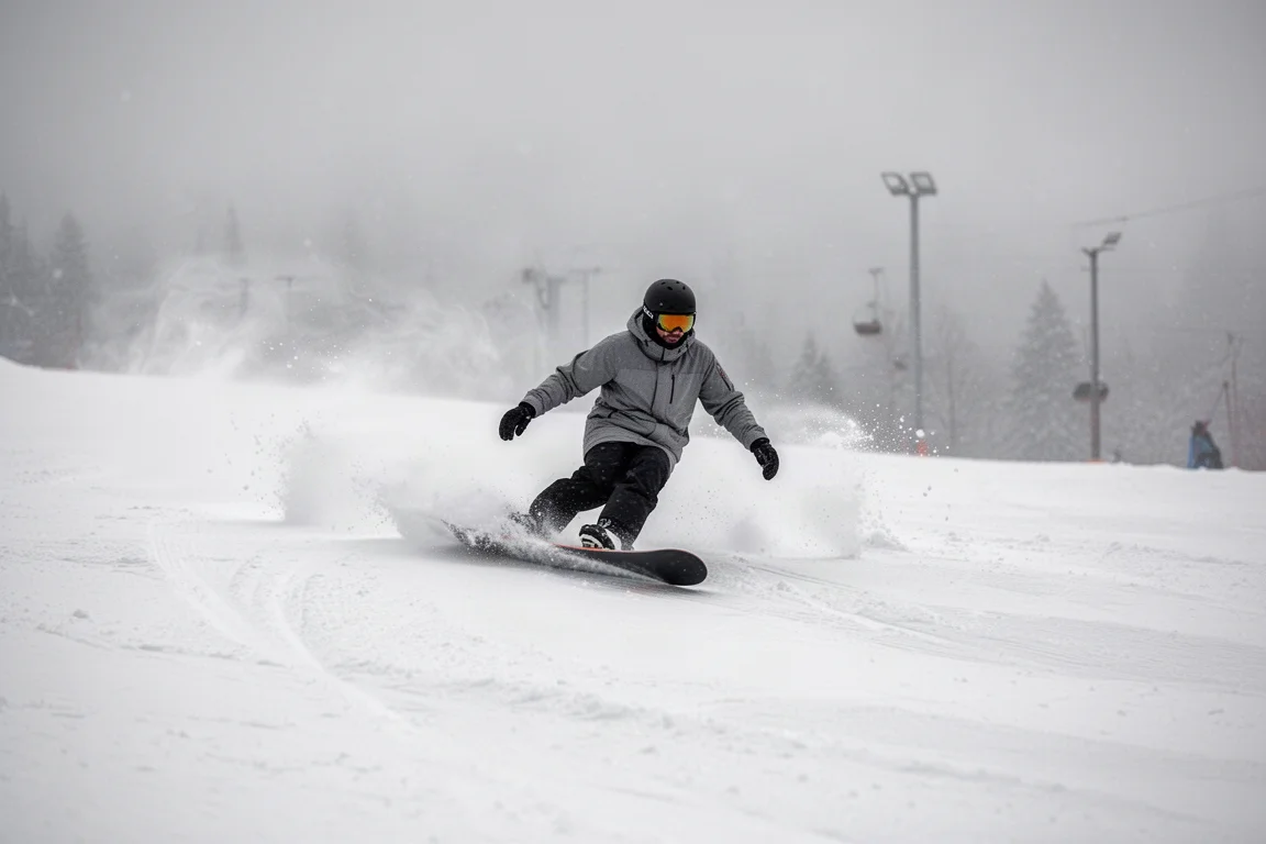 Snowboarder łączący carvingi przy średniej prędkości na przygotowanym stoku ośrodka