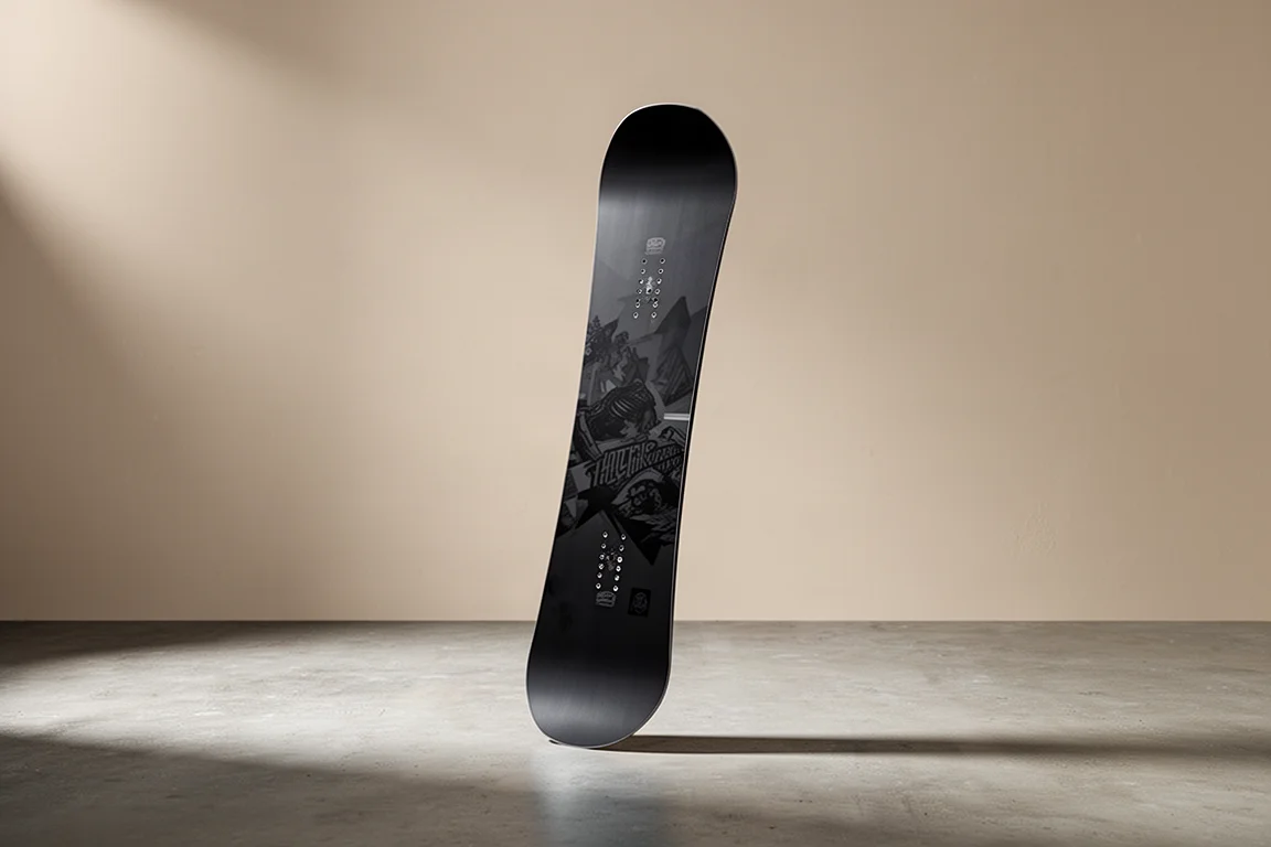 Freestyle'owy snowboard Nitro Prime stojący pionowo na matowej betonowej powierzchni