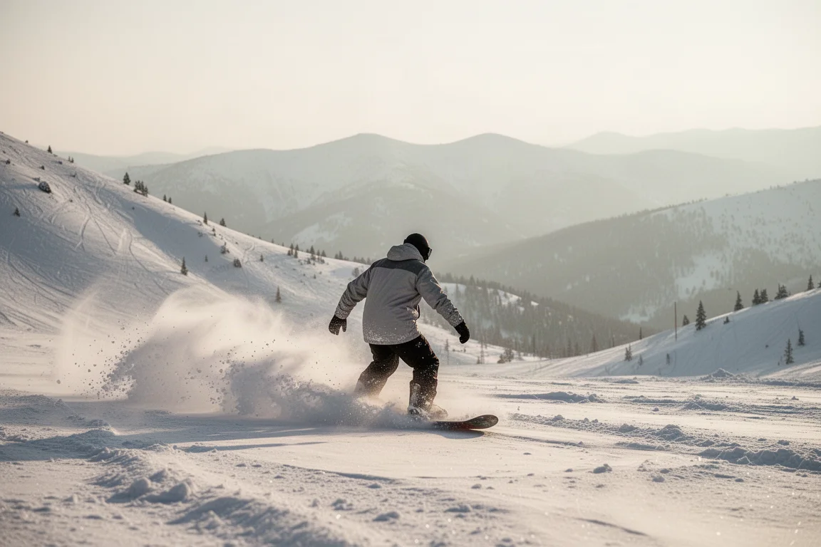 Snowboarder circulando por nieve polvo fresca con una luz suave de la mañana