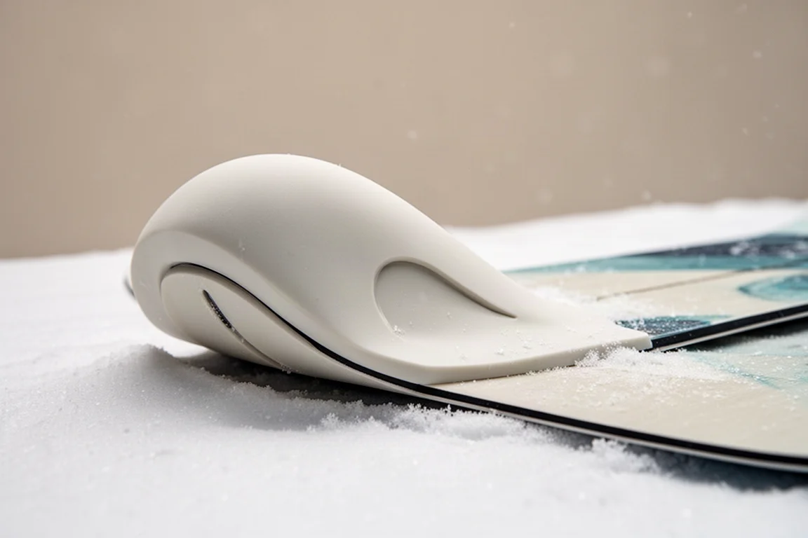 Primer plano de la punta de una tabla de snowboard con forma 3D tipo surf sobre la nieve
