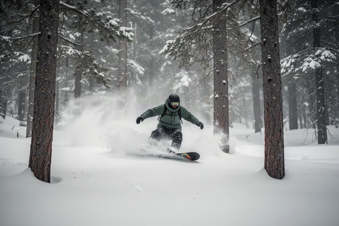 Snowboarder realizando giros rápidos entre árboles en nieve polvo