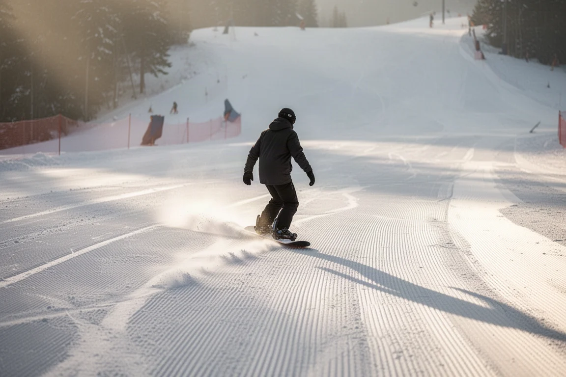 Snowboarder trazando un carve sobre pista preparada de corduroy en una mañana firme