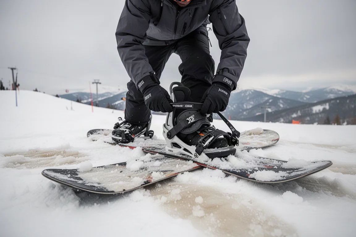 Snowboarder die zich vastmaakt in een binding op een natte voorjaarspiste