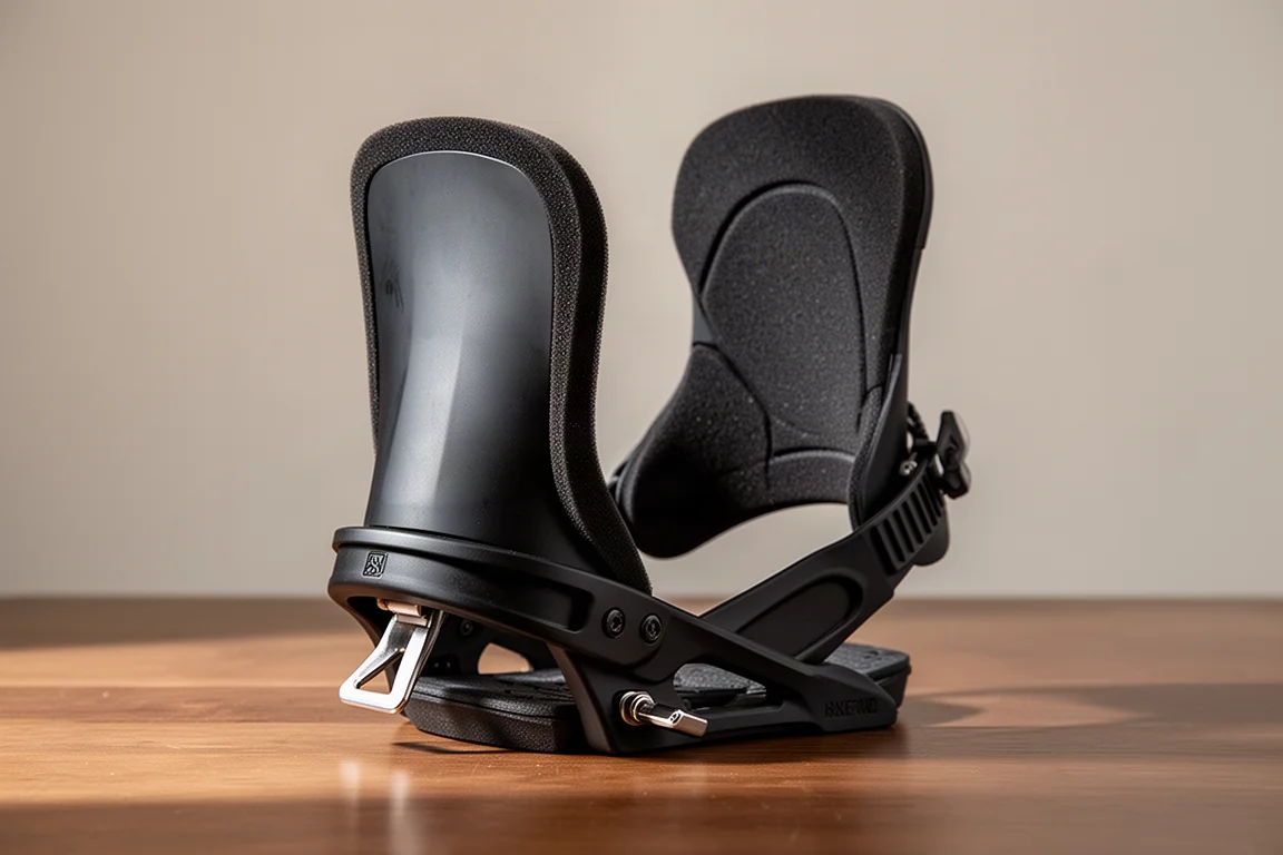 Detail van een zachte gevoerde highback van een snowboardbinding met forward lean-verstelling
