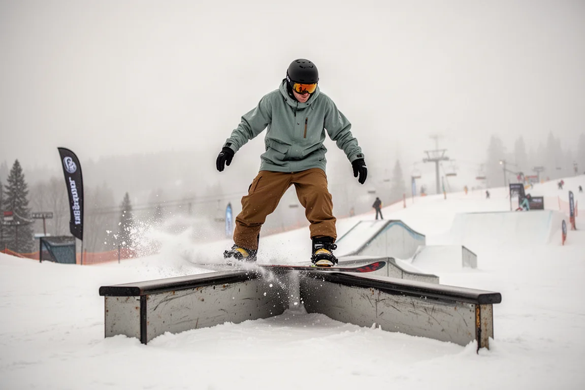 Snowboarder die press- en jibbewegingen maakt op een rail in zachte sneeuw