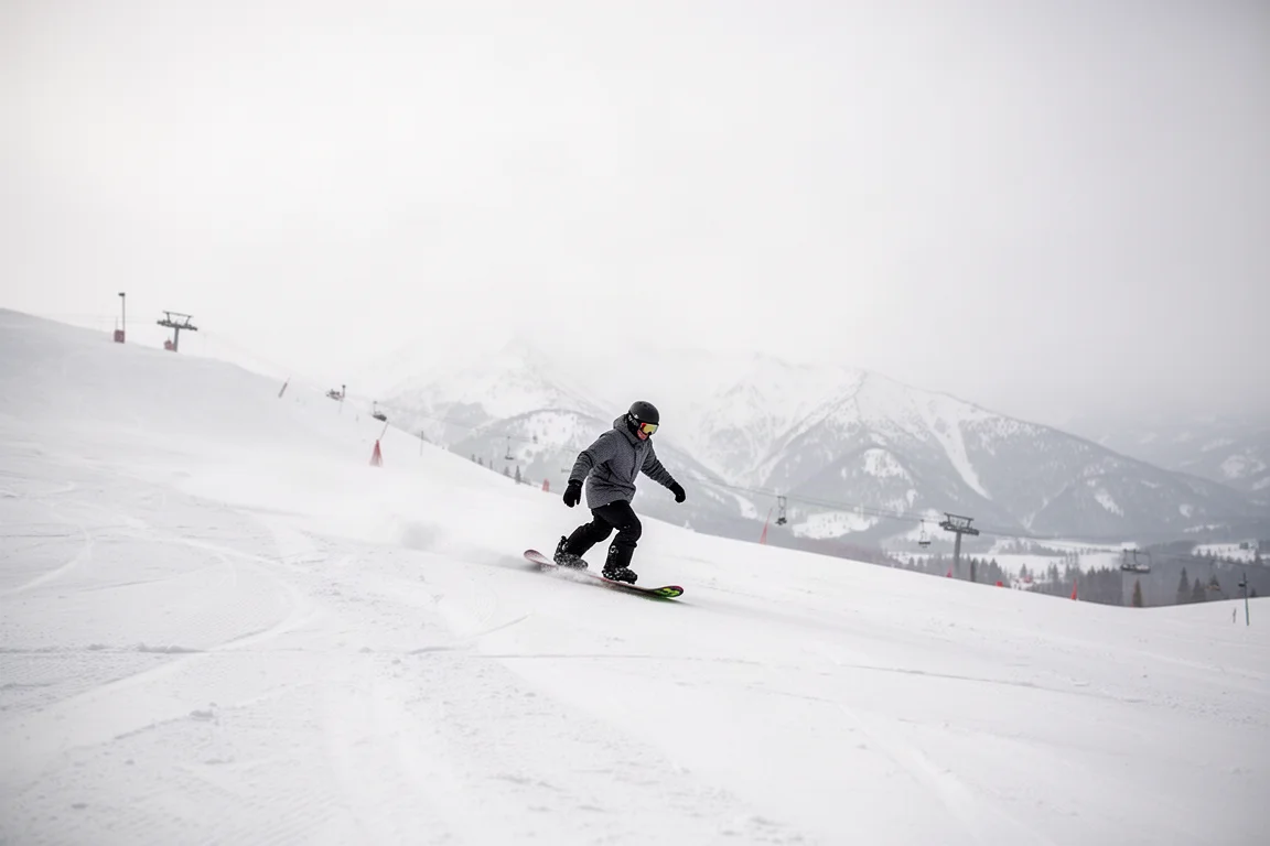 Snowboarder che scivola con poca visibilità su una pista innevata