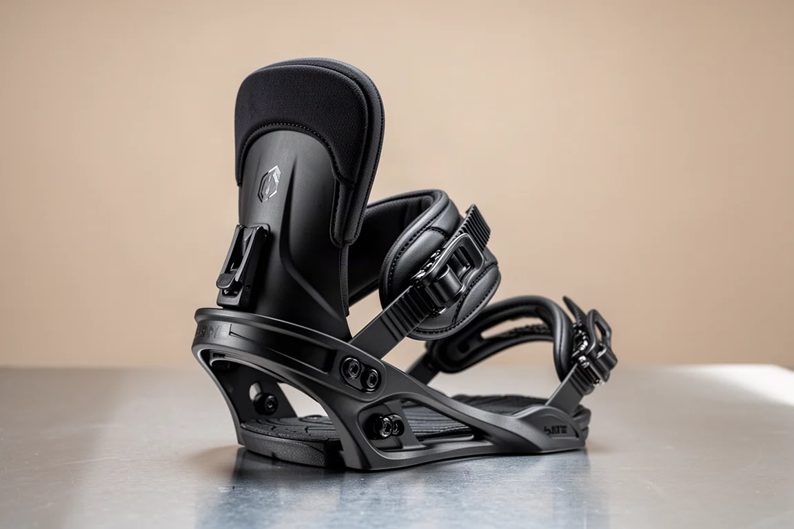 Primo piano dell'highback di un attacco da snowboard con imbottitura su fondo neutro