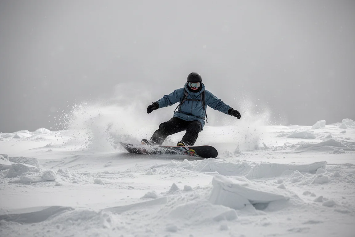 Snowboarder che collega curve su neve crostosa e irregolare