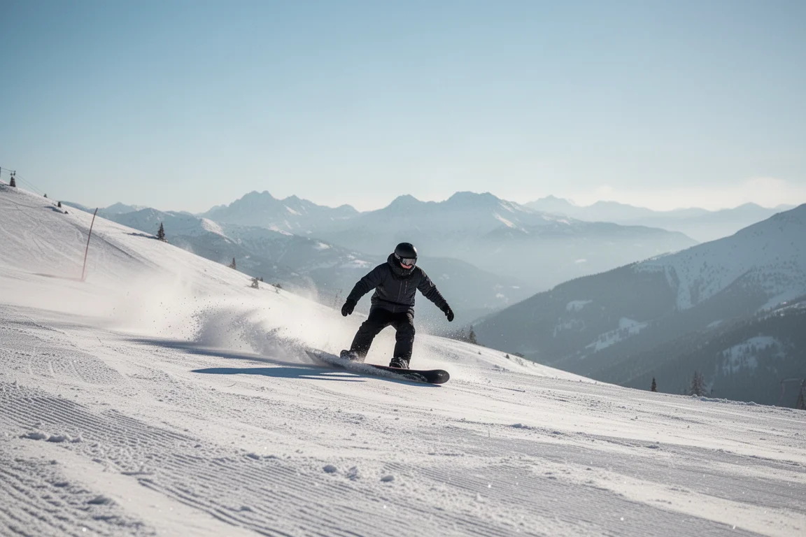 Snowboarder carving a turn on a sunny mountain slope