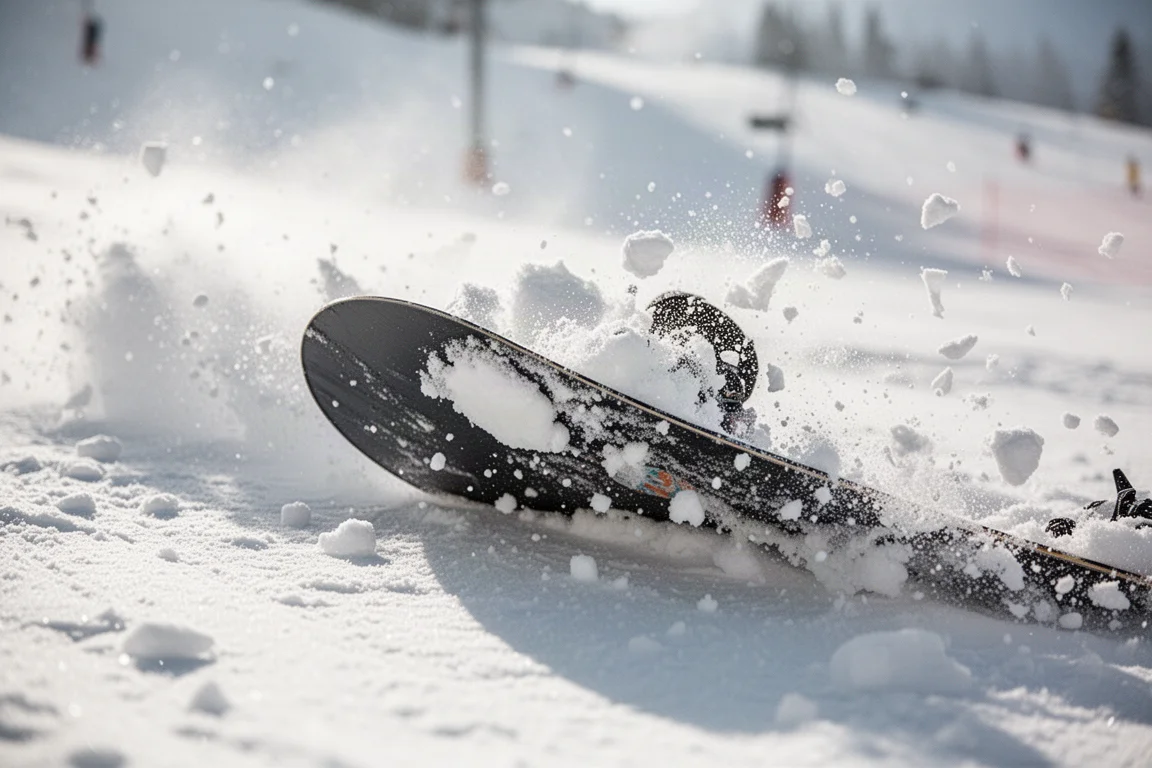Close-up of a snowboard nose cutting through slushy snow