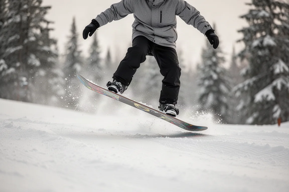 Snowboarder buttering and pressing on a mellow slope