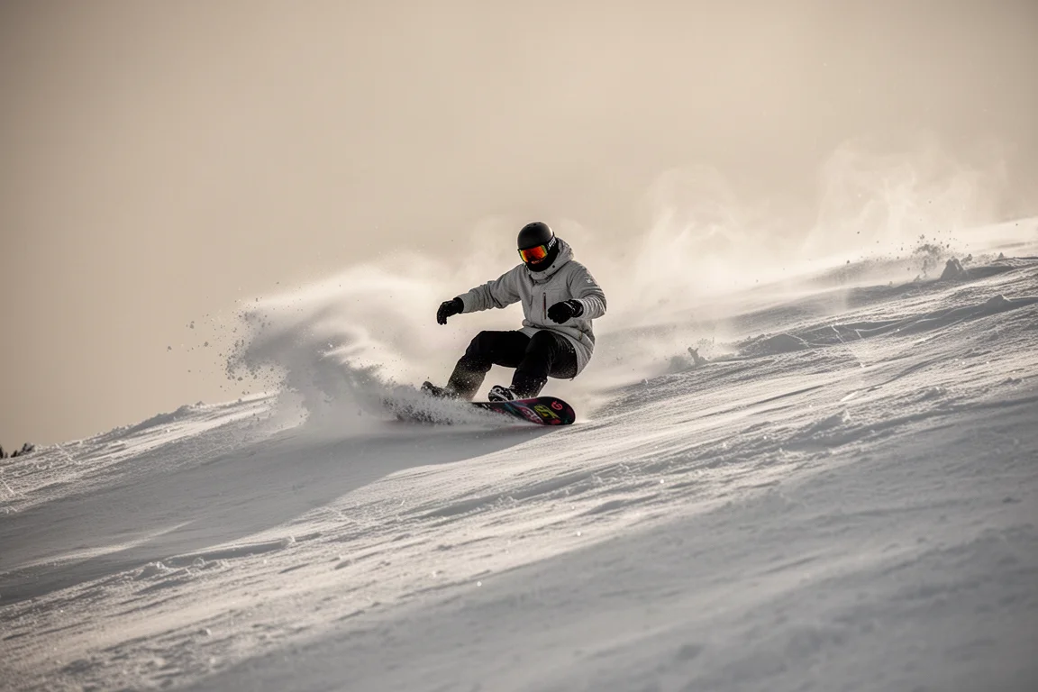 Snowboarder laying down a deep carve on firm snow