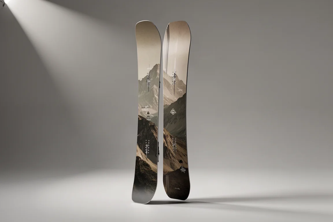 Kierunkowa deska snowboardowa all-mountain stojąca pionowo na neutralnym szarym tle