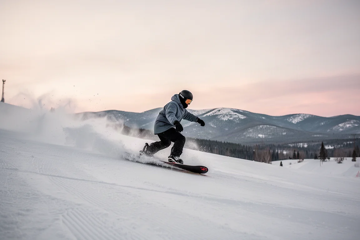 Snowboarder wykonywujący swobodne, surfowe skręty na miękkim, ubitym śniegu