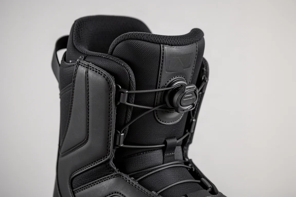 Zbliżenie na dwustrefowy system sznurowania w cholewce buta snowboardowego