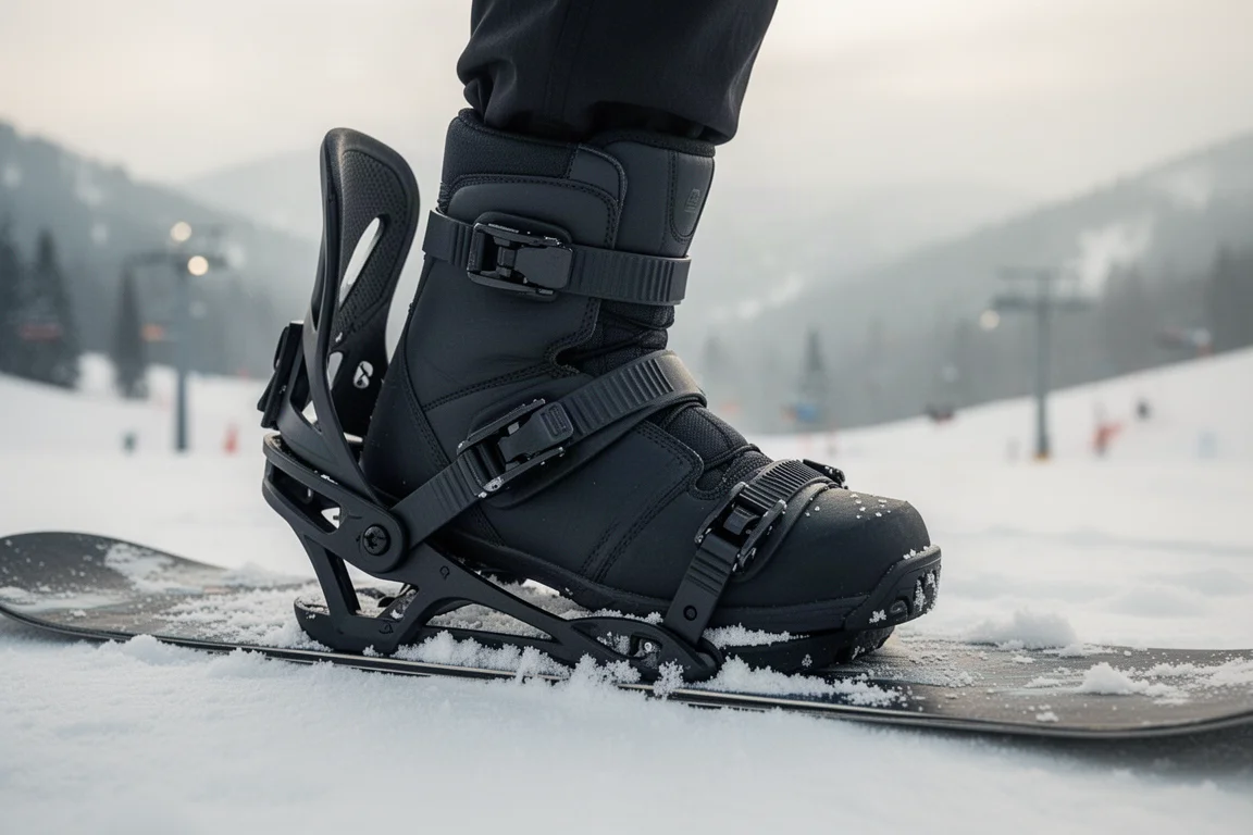 Zawodnik wchodzący do wiązania snowboardowego na śniegu
