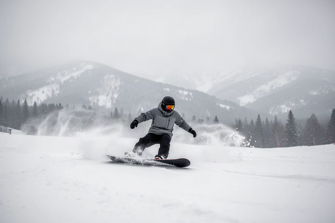 Snowboarder making fresh tracks through powder on an overcast mountain morning