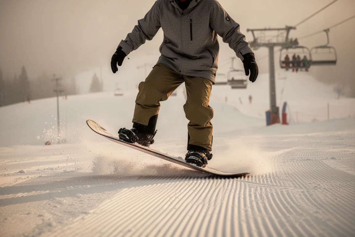 Snowboarder pressing into a butter on a groomed slope at golden hour