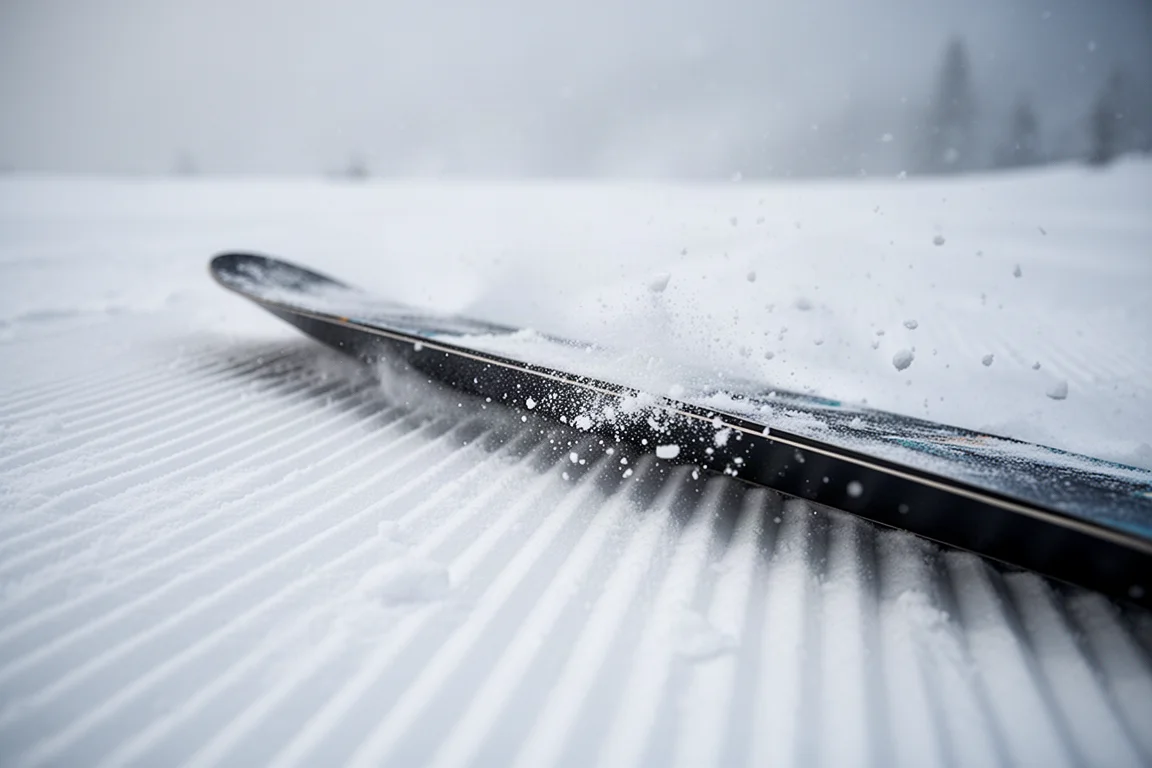 Snowboard carving a clean line across fresh corduroy groomer tracks