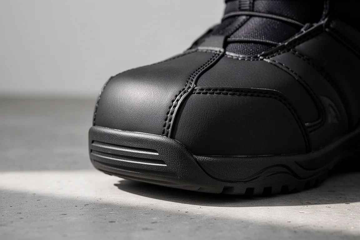 Snowboard boot toe cap with welded rubber seam in close-up detail