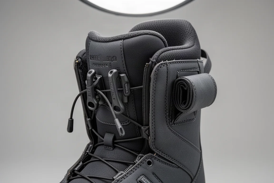 Open speed-zone lacing compartment of a snowboard boot with handles tucked in