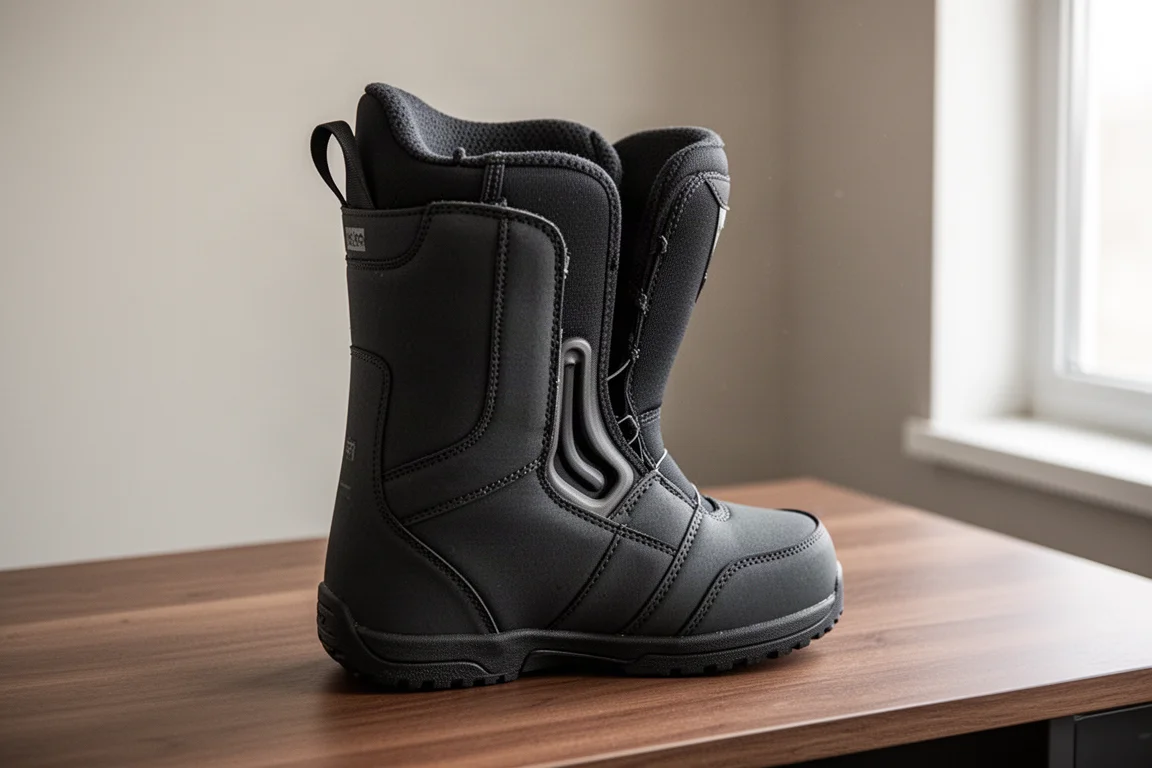 Snowboard boot liner showing deep heel pocket and internal J-bar structure