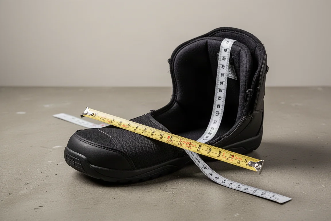 Measuring tape across the forefoot of a snowboard boot liner