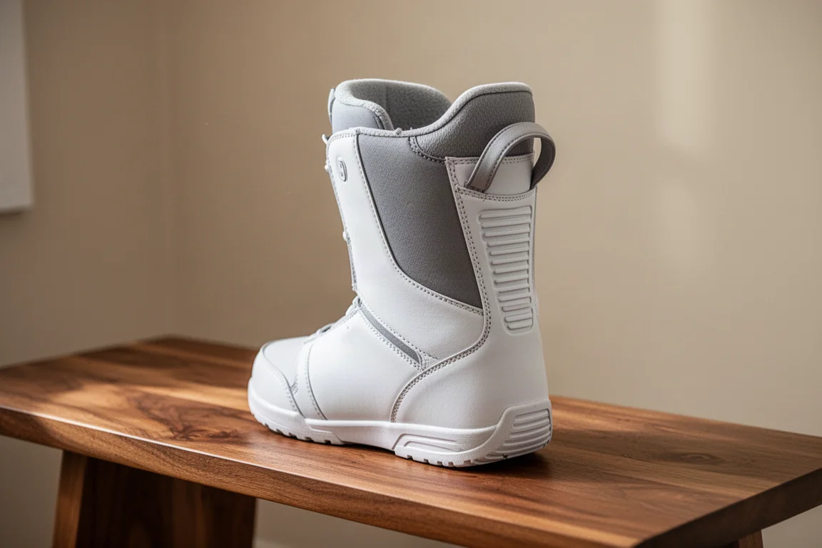 Liner termoformatabile per scarponi snowboard con pattern di presa del tallone su una panca di legno
