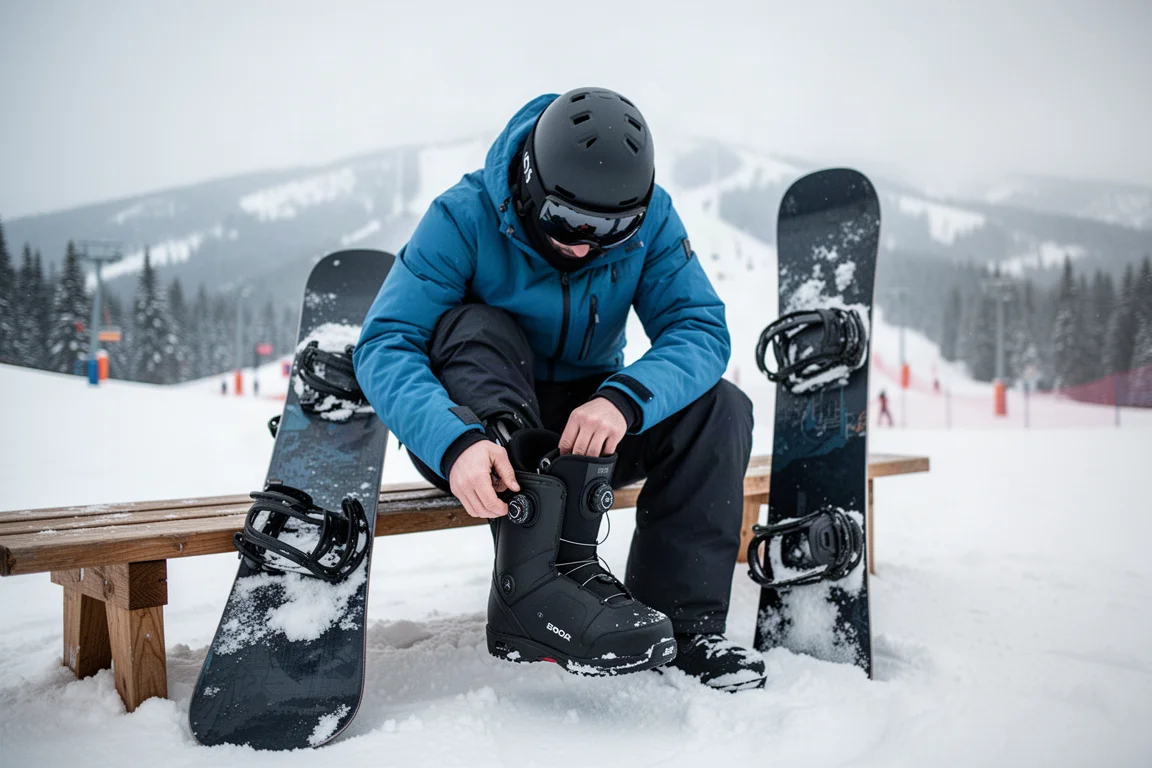 Snowboarder che regola gli scarponi alla base di una pista innevata