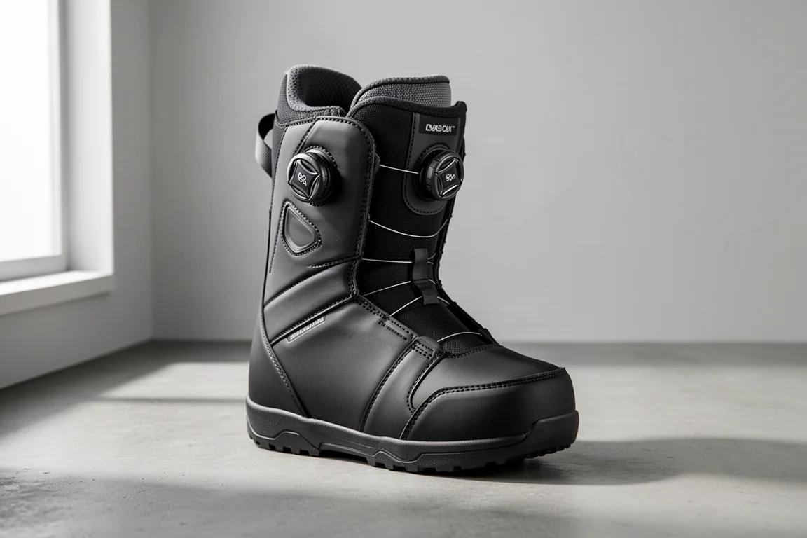Boot de snowboard noire avec double molette Boa sur une surface de béton mat