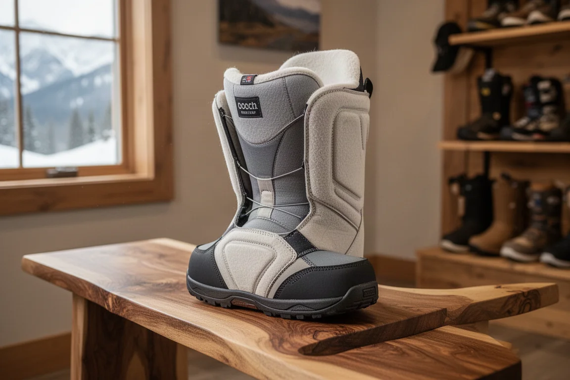 Forro termomoldeable de bota de snowboard apoyado en un banco de madera