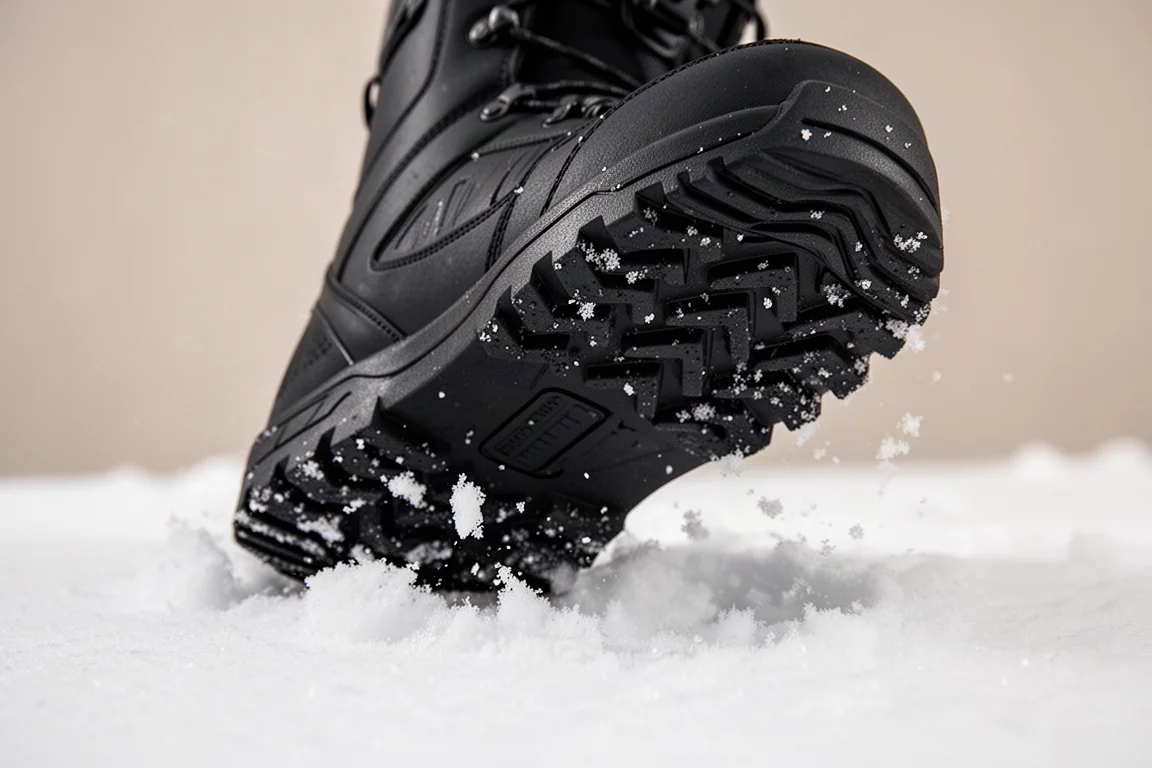 Suela de bota de snowboard con tacos profundos agarrándose a una superficie nevada