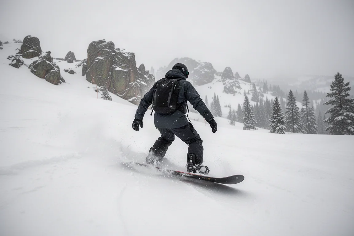 Snowboarder auf einem breiten Freeride-Board, der sich bei bedecktem Himmel durch frischen Pulverschnee schneidet