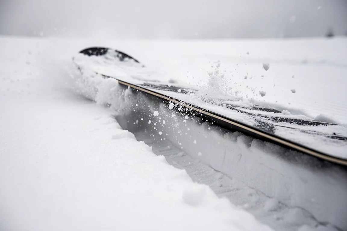 Nahaufnahme einer Snowboard-Kante, die mitten im Schwung fest in präparierten Schnee gedrückt wird