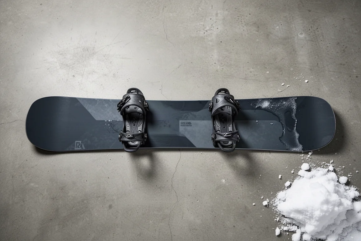 Draufsicht auf ein breites Snowboard mit montierten Bindungen auf Beton