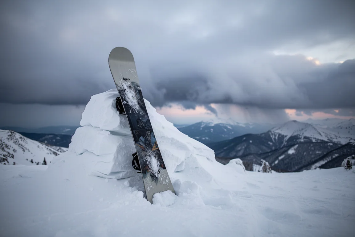 Snowboard lehnt in der Abenddämmerung an einem Schneewall auf einem Bergrücken