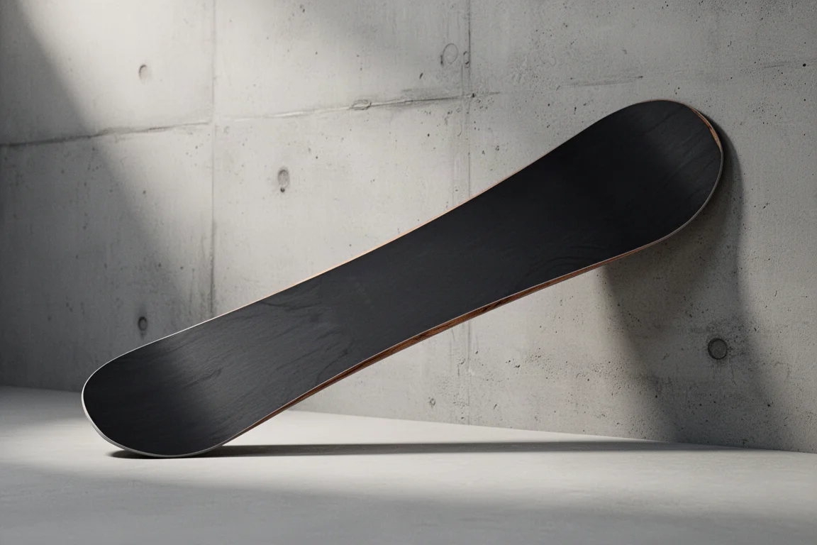 Wide directional freeride snowboard at a three-quarter angle against a concrete wall