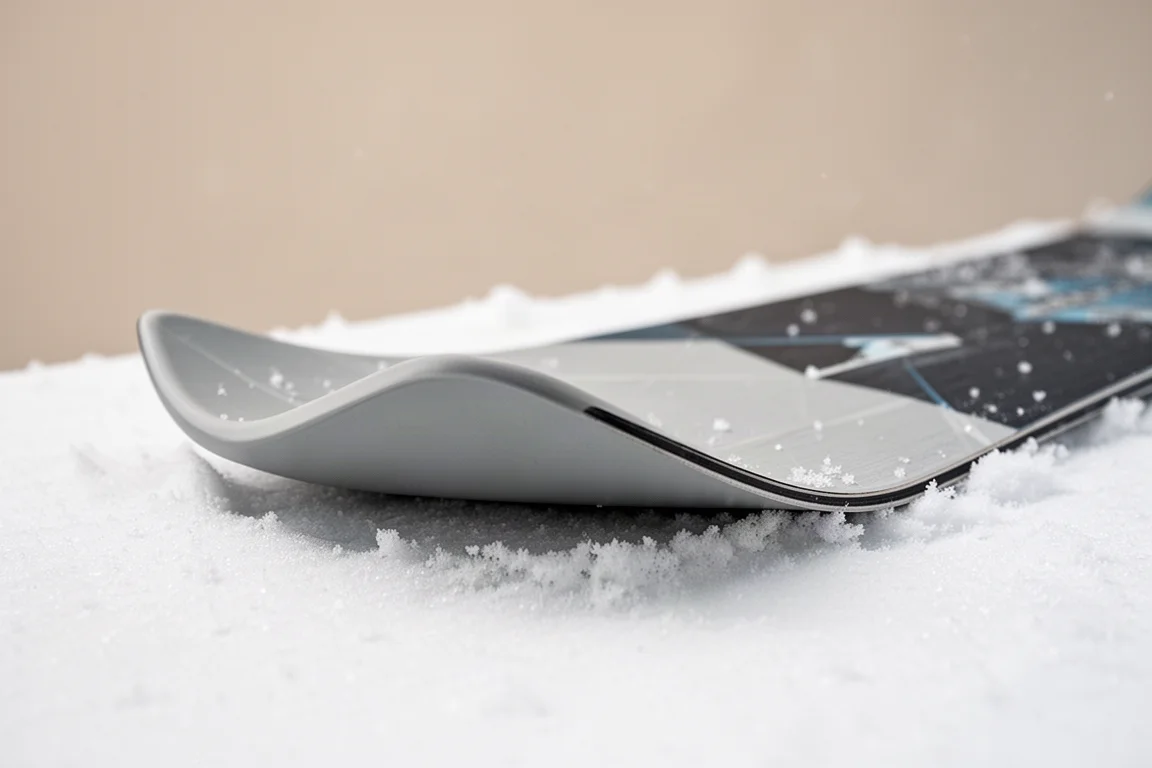 Primer plano del nose de una tabla de snowboard con shaping 3D tipo surf sobre la nieve